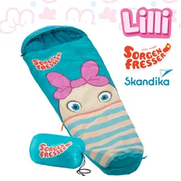 Schlafsack in Türkis mit einem Gesicht und einer pinken Schleife. Neben dem Schlafsack eine zusammengepackte Version.