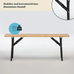 Holztisch mit stabilen Aluminiumbeinen, die korrosionsfrei sind. Maximale Belastbarkeit von 200 kg.