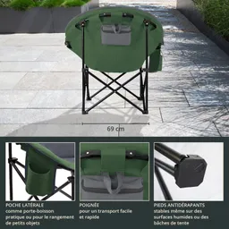 Faltstuhl in Grün mit seitlicher Tasche und Rückenlehne, auf einem gepflasterten Weg im Freien platziert.