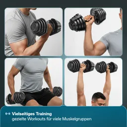 Vier Bilder von Personen, die Hanteln heben oder halten. Oben links und rechts eine Person an einem Armtraining, unten links mit zwei Hanteln im Sitzen, unten rechts eine Person hebt zwei Hanteln über den Kopf.