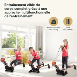 Zwei Frauen in Sportkleidung trainieren mit einem multifunktionalen Fitnessgerät in einem hellen Raum. Fenster mit Blick ins Grüne.