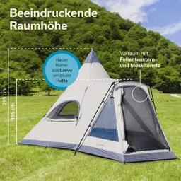 Zelt in Form eines Tipis auf einer grünen Wiese. Es hat eine beeindruckende Höhe von 295 cm und misst 195 cm in der Mitte. Neben dem Zelt sind Fenster und ein Vorraum mit Moskitonetz zu sehen. Ein Text hebt den neuen Namen "Hetta" hervor.