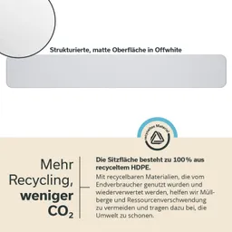 Rechteckige Sitzfläche in Offwhite mit strukturierter, matter Oberfläche. Text über Recycling und Umweltfreundlichkeit.