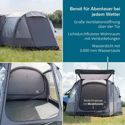 Zelt in grauer Farbe auf einer Wiese, umgeben von Bäumen und Wasser. Innenansicht zeigt großen, lichtdurchfluteten Raum.