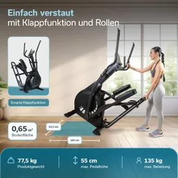 Ellipsentrainer mit Klappfunktion, der von einer Person geschoben wird. Hintergrund mit Fenstern und Holzfußboden.