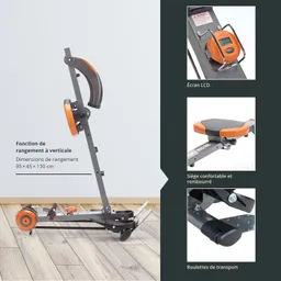 Fitnessgerät mit höhenverstellbarem Rahmen, LCD-Display, gepolstertem Sitz und Transportrollen auf holzähnlichem Boden.