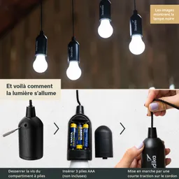 Drei hängende LED-Lampen mit schwarzem Gehäuse und Kabel. Unten Anleitungen zur Batteriewechsel und Aktivierung.