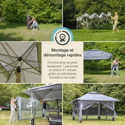 Pop-up Pavillon in einer grünen Umgebung. Personen montieren und demontieren den Pavillon. Bereiche mit Netzvorhängen sichtbar.