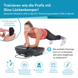 Frau in Sportbekleidung führt eine Plank-Übung auf einem Vibrationsgerät aus. Hand hält eine Fernbedienung.