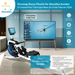 Rudergerät vor einem Fernseher mit Trainingsvideoinformationen. Text über kostenlose Trainingsvideos und Streaming-Funktionen.