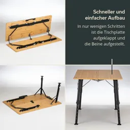 Klappbarer Tisch im Aufbau, bestehend aus einer Holzplatte und schwarzen Metallbeinen. Anleitung zum einfachen Aufstellen.
