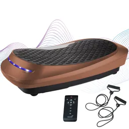 Ein vibrationsbasiertes Fitnessgerät in Brauntönen mit rutschfester Oberfläche, einer LED-Leiste und einem Handfernbedienung sowie zwei Widerstandsbändern.