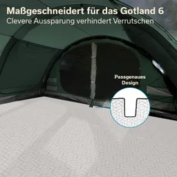 Grüner Zeltinnenraum mit einem Musterboden. Im Hintergrund eine große Öffnung. Inset zeigt Bodenmuster und Designdetails.