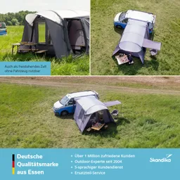 Zelt in einem grünen Feld, verbunden mit einem Fahrzeug. Tisch, Stühle und Schattenbereich sichtbar. Teilen von Informationen.