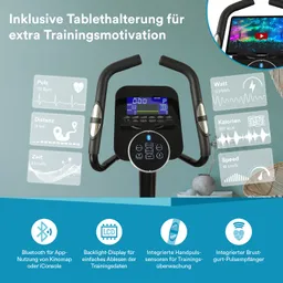 Trainingsgerät mit Display, das Puls, Distanz, Zeit, Watt, Kalorien und Geschwindigkeit anzeigt. Tablet-Halterung vorhanden.