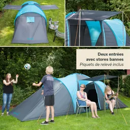 Bleifreies Zelt in Blau und Grau auf einer Wiese, mit zwei Eingängen und Sonnenschutz. Personen spielen und sitzen daneben.