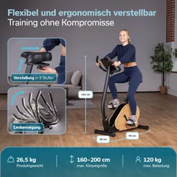 Ergometer mit verstellbarem Sitz und Lenker, Person sitzt darauf, technische Details und Maße im Bild. Holzoptik und mühelose Handhabung.