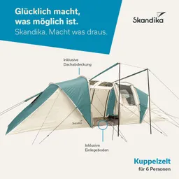 Kuppelzelt in beige und grün für sechs Personen. Abbildung zeigt Dachabdeckung und Einlegeboden. Markensymbol von Skandika.