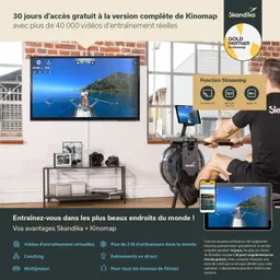 Gerät zum Rudern, das von einer Person genutzt wird. Im Hintergrund ein Fernseher mit einem Landschaftsbild. Auf einem Tisch stehen Kameras. Rechts Ansicht eines Tablets und eines Smartphones. Textinformationen und Logos im Vordergrund.