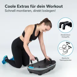 Fitnessgerät mit abnehmbaren Griffen und elastischen Trainingsbändern. Person kniet und montiert das Gerät.