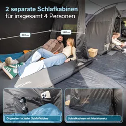 Zwei separate Schlafkabinen für vier Personen in einem Zelt. Innenliegendes Zubehör sowie Moskito-Netze sichtbar.