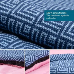 Gestreifte Decke aus 100 % Baumwollflanell in Blau und Weiß mit einem Reißverschluss an der Unterseite. Pinke Innenseite sichtbar.