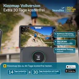 Anzeige für Kinomap Vollversion mit Informationen zu kostenfreien Testangeboten, Trainingsvideos und interaktivem Training. Bildschirm zeigt eine laufende Person in einer Naturlandschaft.