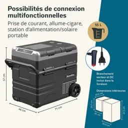 Kühlbox mit Rädern und Griff. Maße: 57 cm hoch, 71 cm breit, 46 cm tief. Anschlussmöglichkeiten für Strom und Zigarettenanzünder.