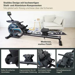 Rudergerät mit mattem Finish, stabiler Bauweise und ergonomischem Sitz. Umgeben von einem hellen Raum mit Sofa und Teppich.