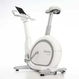 Fahrradheimtrainer in Weiß mit grauen Akzenten, hohem Sattel und einem Monitor an den Lenkern.