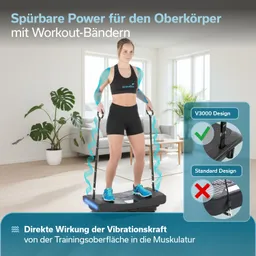 Person steht auf einem Vibrationsgerät in einem modernen Raum. Sie trägt Sportkleidung und hält Workout-Bänder. Pflanzen und Fenster im Hintergrund.
