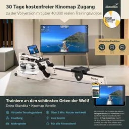 Rudergerät mit Wasserresistenz steht vor einem Fernseher, der ein Trainingsvideo zeigt. Texte informieren über Kinomap-Vorteile.
