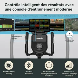 Fitnessgerät mit Konsole, Tablet-Halterung und Display. Anzeigen für Trainingsergebnisse und Bluetooth-Schnittstelle.