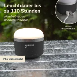 Akku-Lampe auf nasser Oberfläche mit Wassertropfen. Hinweis auf Leuchtdauer, Wiederaufladbarkeit und IP65-Wasserschutz.