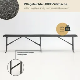 Schwarze Bank mit HDPE-Sitzfläche, auf einem pulverbeschichteten Stahlgestell, wasserabweisend, zeigt Detail des Gestells.