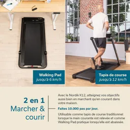 Laufband und Walking Pad in einem Raum, mit Person, die joggt beschriftet mit Funktionen und Nutzungshinweisen.