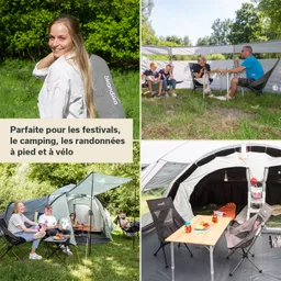Verschiedene Camping-Szenen mit Zelten, Stühlen und Tischen in der Natur. In einer Szene lächelt eine Person, in einer anderen sitzen zwei Kinder und Erwachsene zusammen.