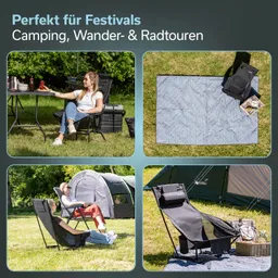 Landschaft mit zwei Personen in Gartenstühlen, eine am Tisch mit Essen. Eine Picknickdecke und ein Zelt sind sichtbar.