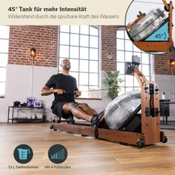 Mann sitzt auf einem Rudergerät mit einem halbtransparenten Wassertank, der in einem hellen Raum mit Holzboden steht.