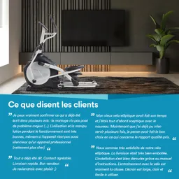 Ein Fitnessgerät steht auf einem Teppich in einem modern eingerichteten Raum. Im Hintergrund ist ein Fernseher an der Wand montiert. Neben dem Fitnessgerät steht eine Pflanze. Am unteren Bildrand sind Kundenbewertungen in blauer Box zu sehen.