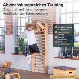 Mann führt Klimmzüge an einer Sprossenwand aus, umgeben von Fenstern, Stehpflanzen und einer Trainingsbank.