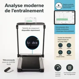 Laufband mit digitalem Display und Fernbedienung, daneben Informationen zur Analyse von Trainingsdaten.