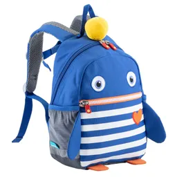 Blauer Rucksack mit Augen, Streifen und einem Herz. Gelbe Bommel an der Oberseite, graue Unterseite und seitliche Taschen.