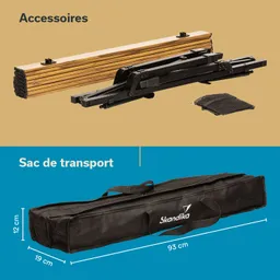 Transporttasche mit Maßen, faltbare Elemente in Holz- und Metalloptik sowie Netzteil. Hintergrund in zwei Farben.