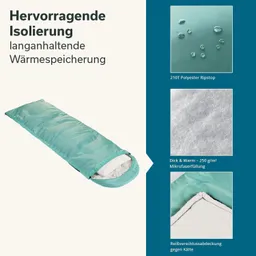 Isolierter Schlafsack in Türkis mit Mikrofaserfüllung. Detailansichten von Material und Reißverschlussabdeckung.