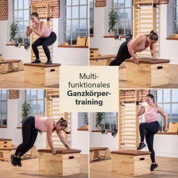 Eine Person in Sportkleidung führt verschiedene Übungen auf einer Trainingsbox aus. Im Hintergrund sind Fenster und Trainingsgeräte sichtbar.
