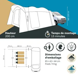 Zeltzeichnung mit Abmessungen, Montagezeit, Kapazität für 4 Personen und Verpackungsdetails. Fahrzeuganpassung angegeben.