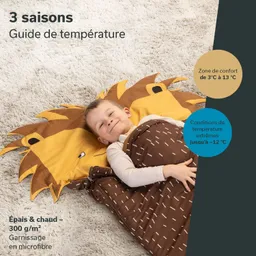 Ein Kind liegt auf einem Schlafsack mit Löwenmotiv. Es lächelt und ist in eine braune Decke eingewickelt. Der Hintergrund ist hell und flauschig.