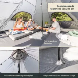 In einem geräumigen Zelt sitzen vier Personen auf Matratzen. Es gibt große Fenster, einen Tisch und Deko. Das Zelt hat einen fest eingenähten Boden.
