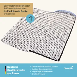 Eine rechteckige Decke mit schwarz-weißer Blätter-Optik liegt auf einem hellen Hintergrund.